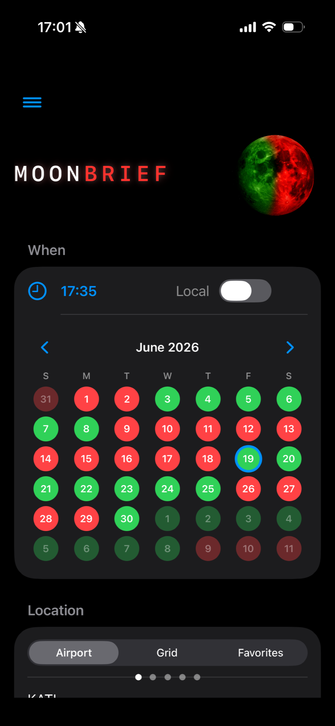 MoonBrief calendar screen on iPhone